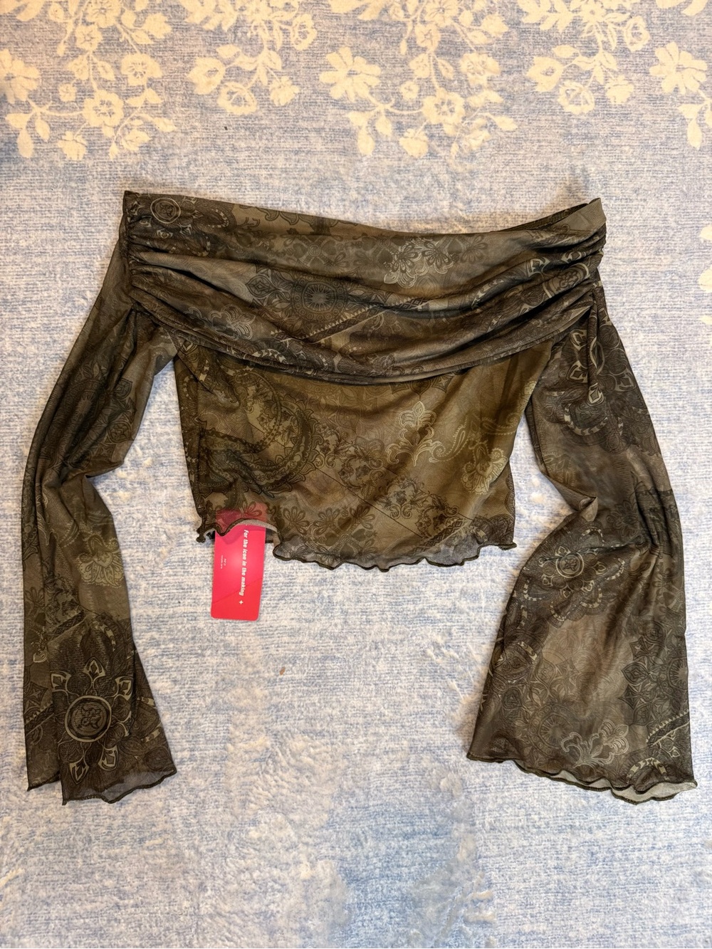 SHEIN Olive Green Off-Shoulder Sheer Paisley Crop Top